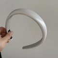 Close-up of a premium grey satin padded headband with a smooth silk-like texture and soft sponge fill - Glossy Gray (8# 3CM)