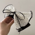 Franse stijl polkadot chiffon haarklem met strik en kristallen hanger voor dames - Haarklem / Witte Strik Zwarte Stippen