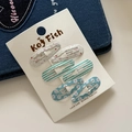 Set di 6 fermagli per capelli BB colorati con fiori e strisce su scheda del marchio - Serie Margherita Artistica / Blu Fiore Righe (7#)