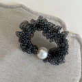 Coletero de malla negra estilo francés con perla grande sobre fondo de lino - Negro Con Lunares Blancos (2#黑色白波点蕾丝珍珠发绳)
