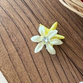 Dettaglio del fermaglio a stella marina con fiore in tessuto e cuore in cristallo - Bianco