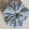 Blue floral scrunchie hair tie with white daisy patterns for women ponytail accessories - Blue White Floral