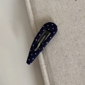 Navy blue polka dot drop-shaped BB hair clip on a minimalist fabric book background - Teardrop / Denim Polka Dot Waterdrop