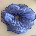 Detail shot of light blue pleated oversized scrunchie with dark blue stitched edges - Blue