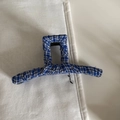 Top view of blue and white plaid fabric hair claw clip with internal metal spring - Blue White Plaid Fabric Wrapped