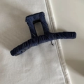Close-up of deep blue denim fabric texture on a square hollow hair claw clip - Navy Blue Fabric Wrapped Claw