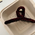 Large hair claw clip wrapped in vintage red and black plaid fabric with gold metal spring - Crossed / Red Black Striped Cross Wrapped