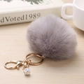 Gros plan du porte-clés pompon gris en fausse fourrure avec fermoir doré et boule strass - 8cm / Gris Moyen