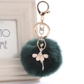 Detail of ballerina keychain with dark green faux fur pompom and sparkling crystal charms - 8cm Faux Rex Rabbit Fur / Dark Green
