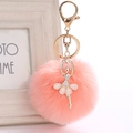 Close-up of pink faux fur pompom keychain with gold ballerina pendant and sparkling rhinestones - 8cm Faux Rex Rabbit Fur / Light Orange