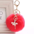 Sparkly rhinestone ballet dancer keychain with a fluffy red faux fur pompom charm - 8cm Faux Rex Rabbit Fur / Red