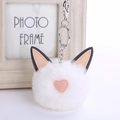 White faux fur ball cat ear keychain with pink heart and silver metal lobster clasp - White