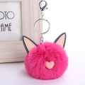 Detail of rose pink faux rabbit fur pompom keychain with grey cat ears and heart charm - Rose Red