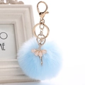 Cute ballet dancer keychain with blue faux fur pompom and sparkling crystal rhinestones - 8cm Faux Rex Rabbit Fur / Light Blue