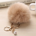 Détail d'un porte-clés en fausse fourrure kaki avec anneau doré et pendentif en strass - 8cm / Khaki