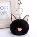 Black cat faux rabbit fur pom pom keychain with pink heart ears and silver metal ring - Black