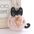 Detail of a fluffy faux fur cat keychain with brown pom pom and leather kitten ears - Two-Tone Khaki