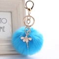 Cute ballerina keychain with sky blue faux rabbit fur pom pom and sparkly rhinestones - 8cm Faux Rex Rabbit Fur / Medium Blue