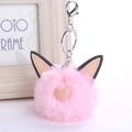 Detailed close-up of pink faux rabbit fur cat ear keychain with soft heart and silver clasp - Pink