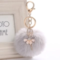 Close-up of fluffy grey pompom keychain with a rhinestone ballerina pendant and gold ring - 8cm Faux Rex Rabbit Fur / Light Gray