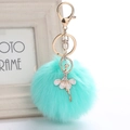 Detailed shot of mint green faux fur pompom with rhinestone ballet dancer keychain - 8cm Faux Rex Rabbit Fur / Light Green
