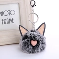 Close-up of black and grey faux fur pompom keychain with pink heart and cat ears - Frost Black