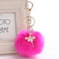 Detail of rose pink faux fur pompom keychain with crystal ballet girl charm and gold ring - 8cm Faux Rex Rabbit Fur / Rose Red