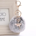 Close-up of a grey fluffy pompom keychain with a rhinestone ballet dancer charm - 8cm Faux Rex Rabbit Fur / Snowflake Grey