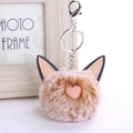 Close-up of fluffy faux rabbit fur cat ear keychain with pink heart and silver lobster clasp - Frost Khaki