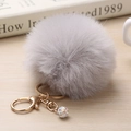 Détail d'un porte-clés en fausse fourrure grise avec fermoir doré et boule de strass - 8cm / Gris clair