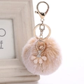 Close-up of fluffy faux fur ball keychain with elegant rhinestone ballerina charm - 8cm Faux Rex Rabbit Fur / Snowflake Khaki