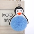 Detalle de llavero de pingüino de peluche azul con pompón y anillo de metal plateado - 16cm+8cm / Azul claro
