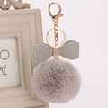 Gray rabbit fur pompom keychain with a sparkling rhinestone bow and gold metal ring - 8cm / Light Gray