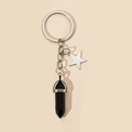 Portachiavi minimalista con cristallo esagonale, stella e ciondolo in ossidiana lucida - Ciondolo Pentagramma Nero (4865180836825) / Nero