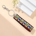Ethnic style braided keychain with colorful geometric floral embroidery and silver ring - Style B