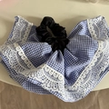 Chouchou à carreaux bleus avec bordure en dentelle blanche style ballerine - Rayé Bleu