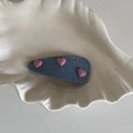 Blue denim heart BB hair clip with yellow stitching and pink heart resin charms - Dark Denim Rose Red Heart