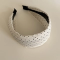Close-up of cream polka dot pleated chiffon headband with black non-slip lining - White (Black Dots)