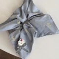 Blue bow print hair scrunchie with cute cartoon bear charm and checkered bow detail - Grey Blue Bow Bear Style