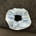 Detailed view of blue and white gingham lace scrunchie with soft cotton pleated texture - Blue Checkered Scrunchie (9#)