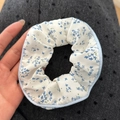 Detail of blue lace floral scrunchie with delicate pleats and high elasticity - White Scrunchie with Blue Floral (10#)