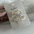 Close-up of beige lace bow and woven flower hair clips with vintage golden buttons - 5# White Bow Floral Hair Clip