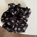 Elegant black chiffon hair scrunchie with white polka dots for high ponytail styling - Black and White Polka Dot Scrunchie