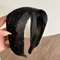 Close-up of wide black beaded headband with fabric texture and sparkling silver rhinestones - Transparent Black Rhinestone Headband