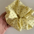 Pale yellow scrunchie with black heart pattern in soft cotton fabric with rich folds - Yellow Scrunchie (Heart)