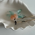 Chinese style U-shaped hair pin with pink peach and green leaves in shell dish - Jinling Colored Glass Fish Style