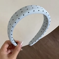 Detail of light blue satin headband featuring black heart dots and sponge padding - Blue Headband (Black Heart) (3CM)