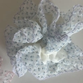 Floral chiffon hair scrunchie with blue flower pattern and purple ruffle edges - Blue Lace Hair Tie