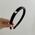 Narrow black fabric headband with white polka dots and silver rhinestone heart buckle - Black with White Polka Dots (Silver Heart)