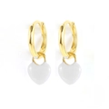 Detail view of gold hoop earrings featuring white enamel heart-shaped charms - Gold White Heart Style (LN0569-1)